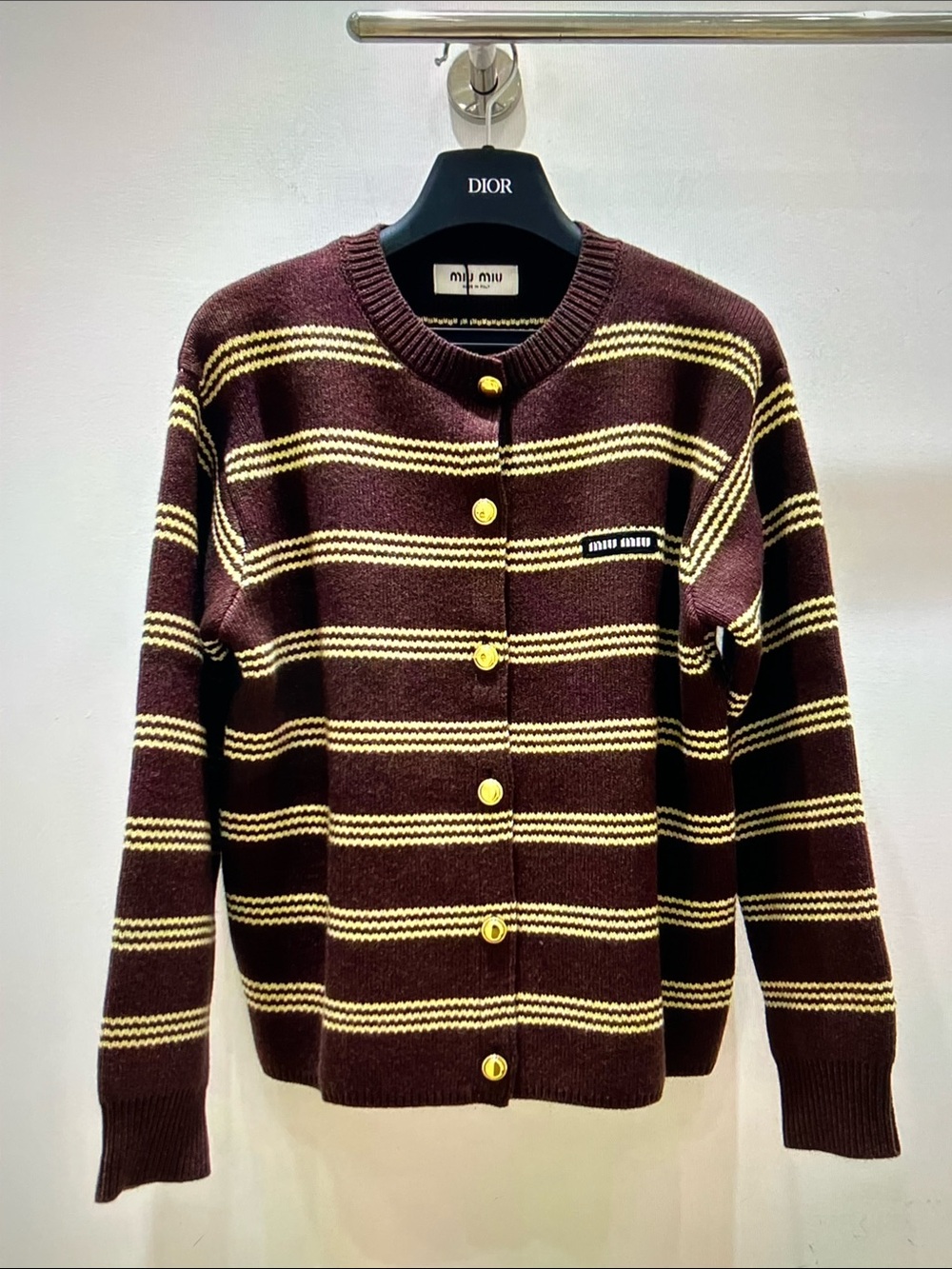 Miu Miu Brown and Cream Striped Button-Front Cardigan